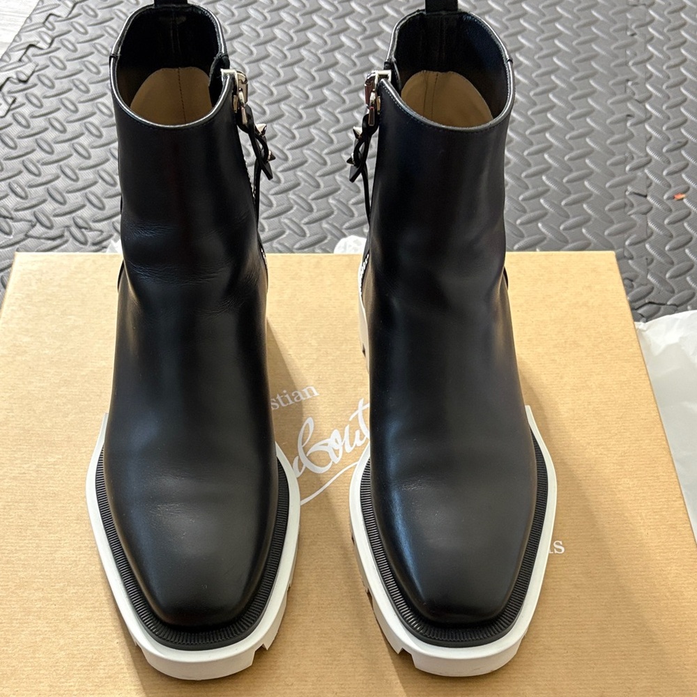 Christian Louboutin Black Leather Moto Boots with White Sole